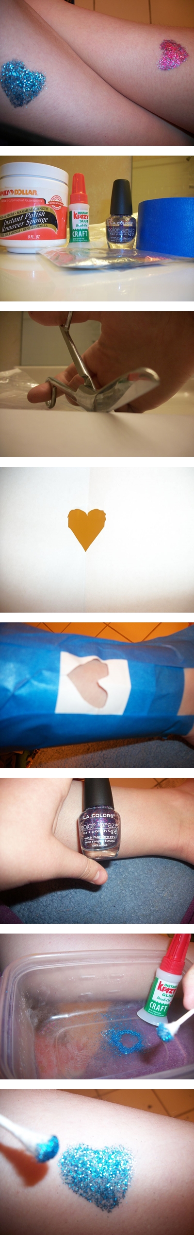 How to make heart shape glitter tattoo step by step DIY instructions