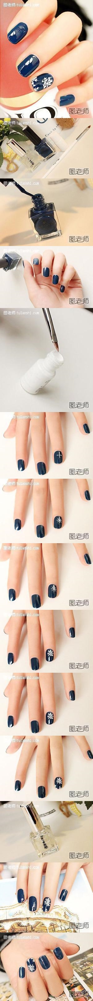 How to make your own snow flake on blue background nail art step by step DIY instructions