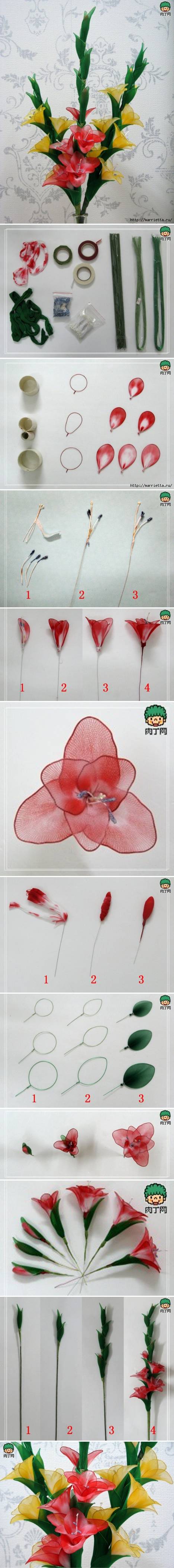How to make Nylon Galdiolus Flower step by step DIY tutorial instructions