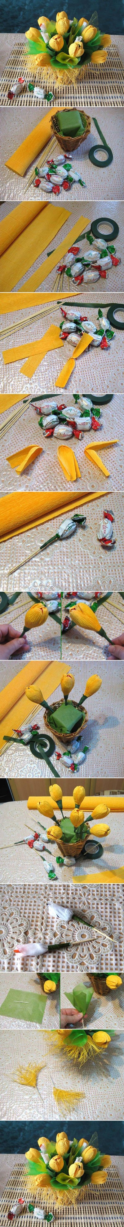 How to make Yellow Flower Candy Bouquet step by step DIY tutorial picture instructions