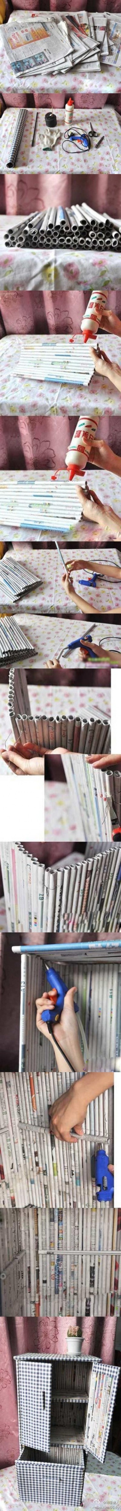 How to use recycled newspaper to make a storage bin step by step DIY tutorial picture instructions