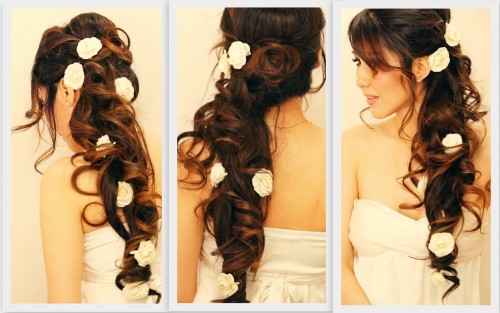 How to make romantic half-up updo hairstyle with curls for homecoming prom bridal party step by step DIY tutorial instructions