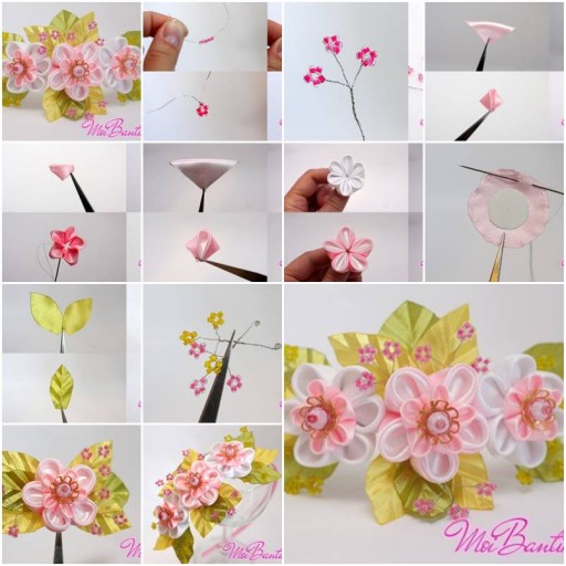 How to Make Golden Sakura Ribbon Flowers step by step DIY tutorial instructions thumb