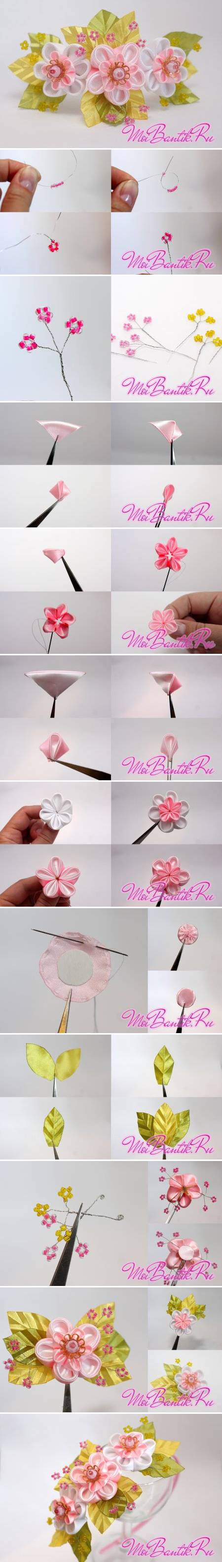 How to Make Golden Sakura Ribbon Flowers step by step DIY tutorial instructions