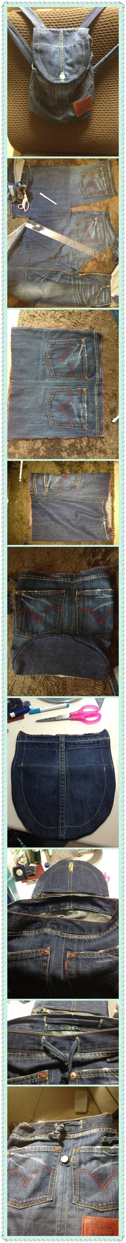 How to convert Old Denim jeans in to cool Backpack step by step DIY tutorial instructions