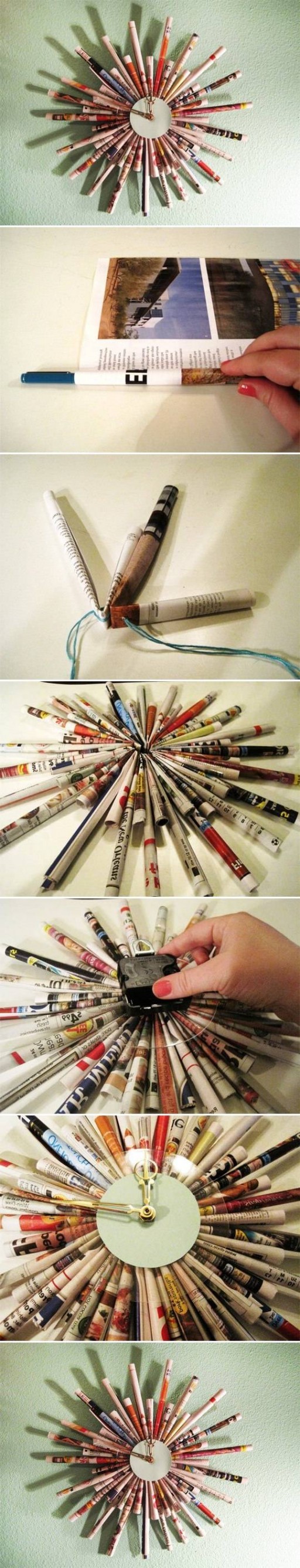 How to make Newspaper Tube Wall Clock step by step DIY tutorial instructions
