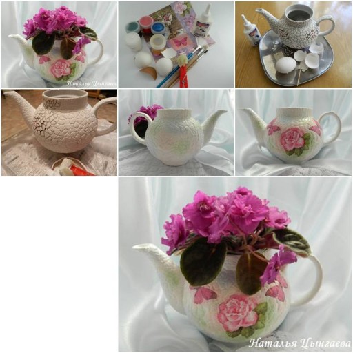 How to make Old Kettle Plant Pot with Eggshells step by step DIY tutorial instructions thumb