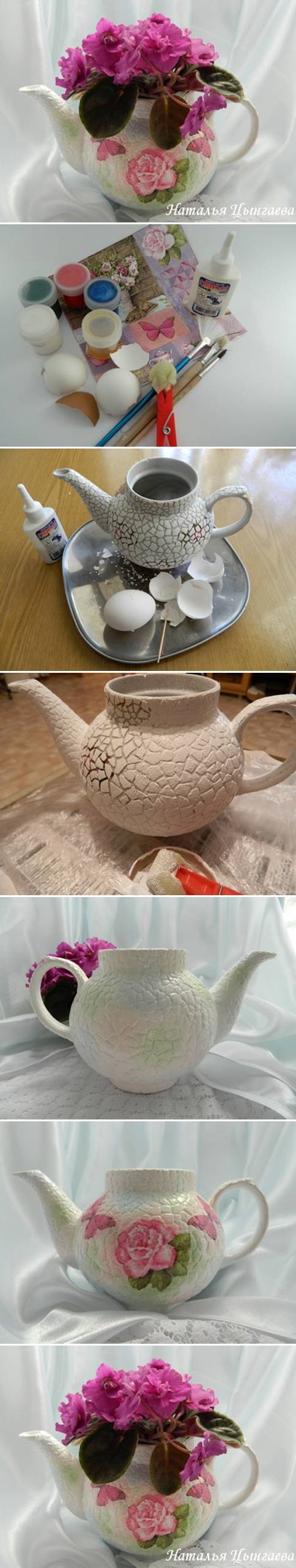 How to make Old Kettle Plant Pot with Eggshells step by step DIY tutorial instructions