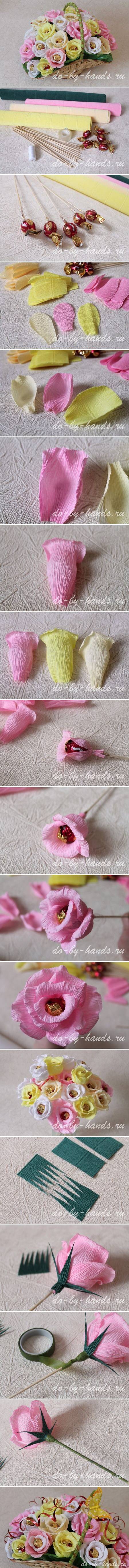 How to make Paper Roses with Chocolate Candies step by step DIY tutorial instructions