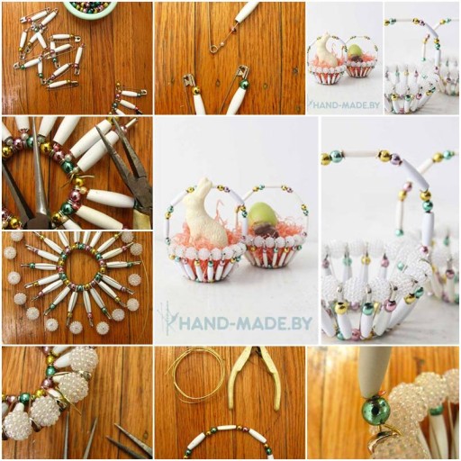 How to make beautiful Baskets with Safety Pins and pearl like beads step by step DIY tutorial instructions thumb