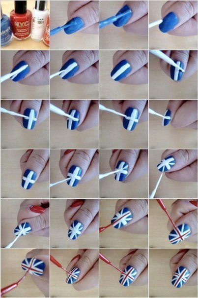 How to paint British flag nail art manicure step by step DIY tutorial instructions