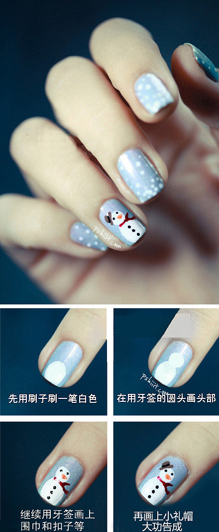 How to paint snowman nail art manicure step by step DIY tutorial instructions