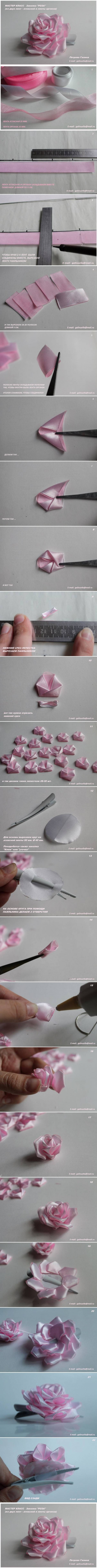 How to make Satin and Organza Ribbon Rose step by step DIY tutorial instructions