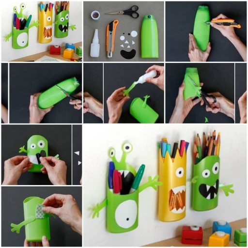 How to make Shampoo Bottle Monster Pencil Holder step by step DIY tutorial instructions thumb