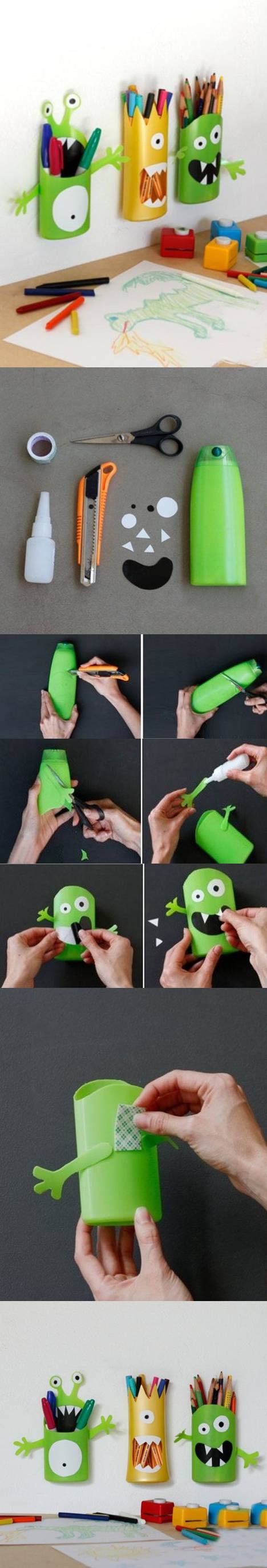 How to make Shampoo Bottle Monster Pencil Holder step by step DIY tutorial instructions