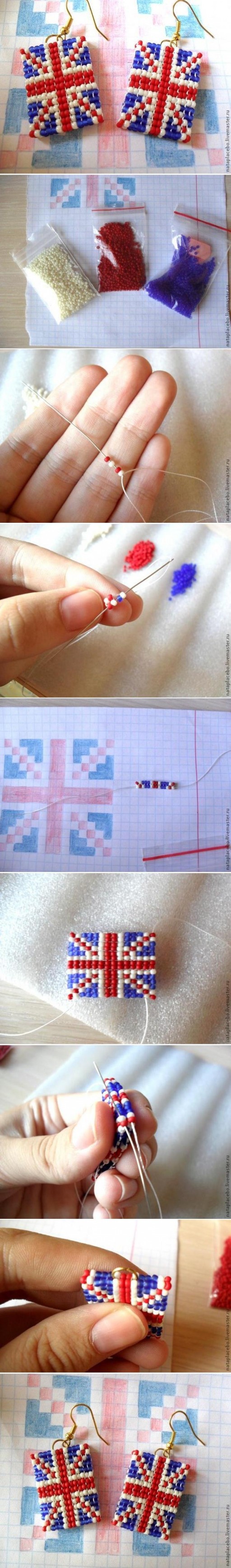How to make beads or Pearls Earrings Union Jack step by step DIY tutorial instructions