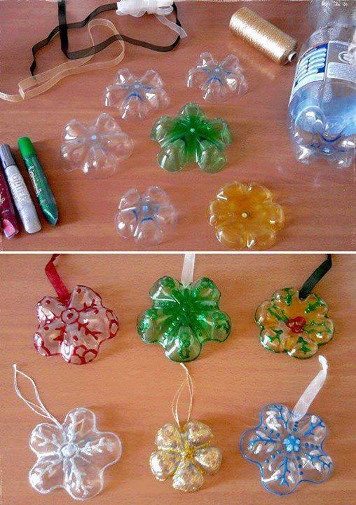 How to make pretty snowflake ornaments with used plastic bottles step by step DIY tutorial instructions