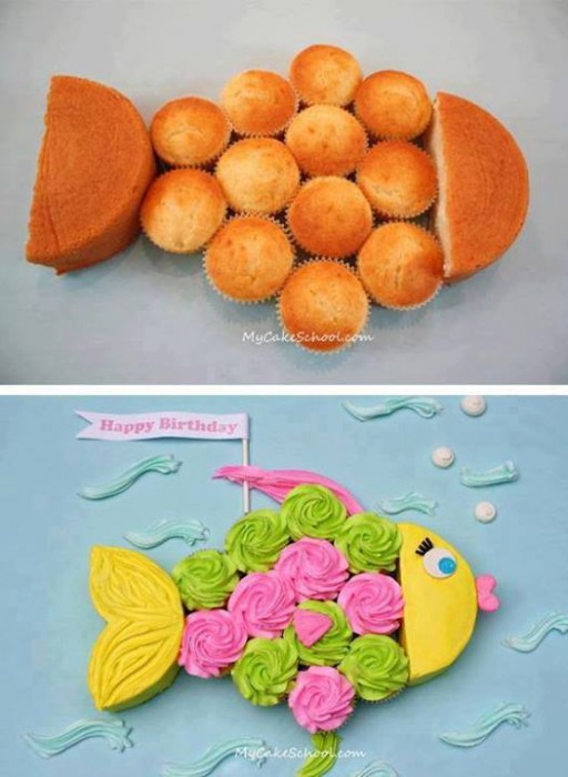 My cake school - How to make cute fish birthday cupcakes step by step DIY tutorial instructions