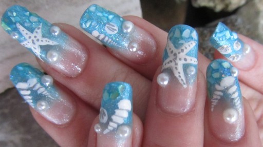 How to paint ocean sea shell and pearls nail art manicure step by step DIY tutorial instructions
