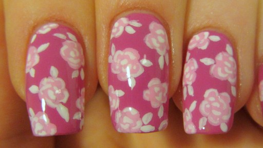 How to paint pink romatic vintage rose print design nail art manicure and cupcake step by step DIY tutorial instructions