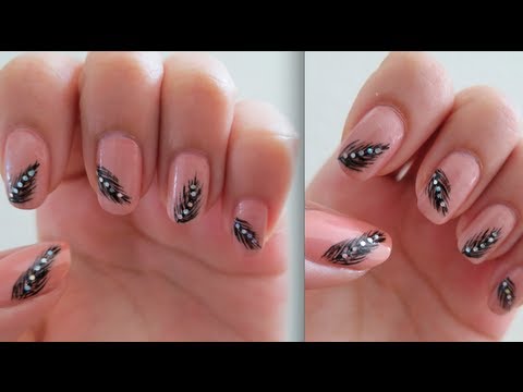 How to paint pretty and elegant feather nail art manicure step by step DIY tutorial instructions