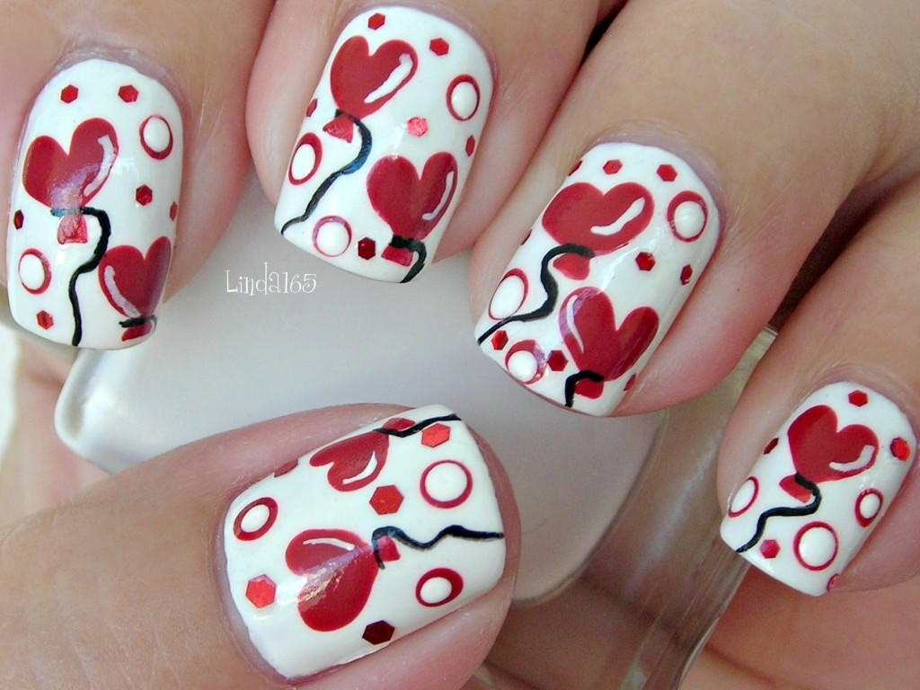 How to paint sweet Valentine heart balloons nail art manicure and cupcake step by step DIY tutorial instructions