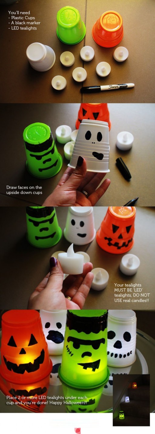 How to make DIY LED glowing plastic cup Frankenstein jack-o-lantern step by step tutorial instructions