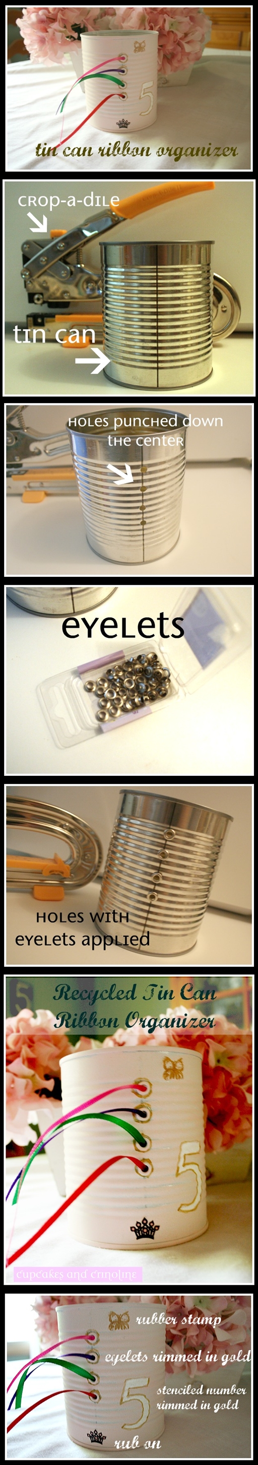 How to make convenient DIY tin can ribbon storage and organization bucket step by step DIY tutorial instructions