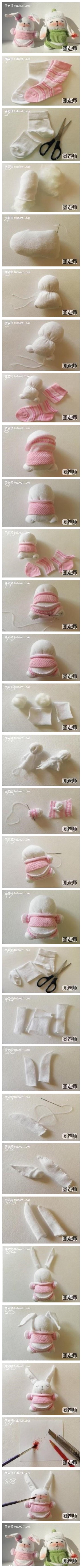 How to make cute DIY bunnies from old socks step by step tutorial instructions