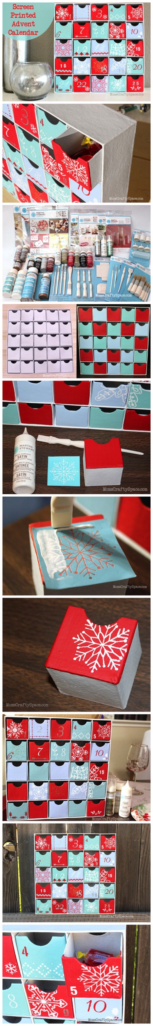 How to make pretty screen printed advent calendar drawer storage cabinets step by step DIY tutorial instructions