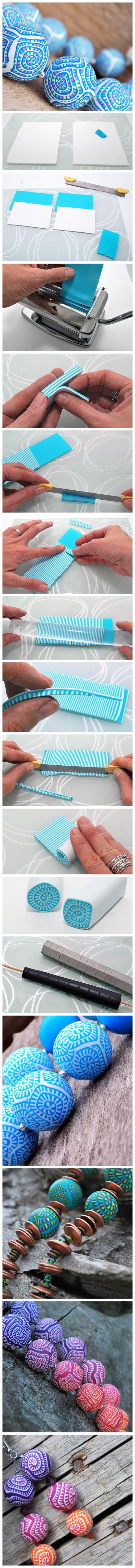 How to make wonderful polymer beads with spiral patterns step by step DIY tutorial instructions