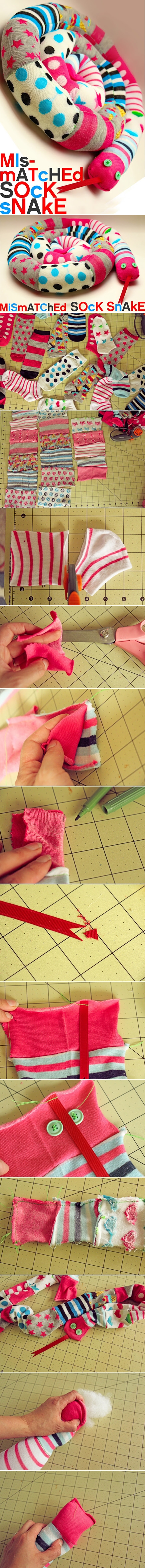 How to sew cute DIY snakes with mismatched socks step by step tutorial instructions